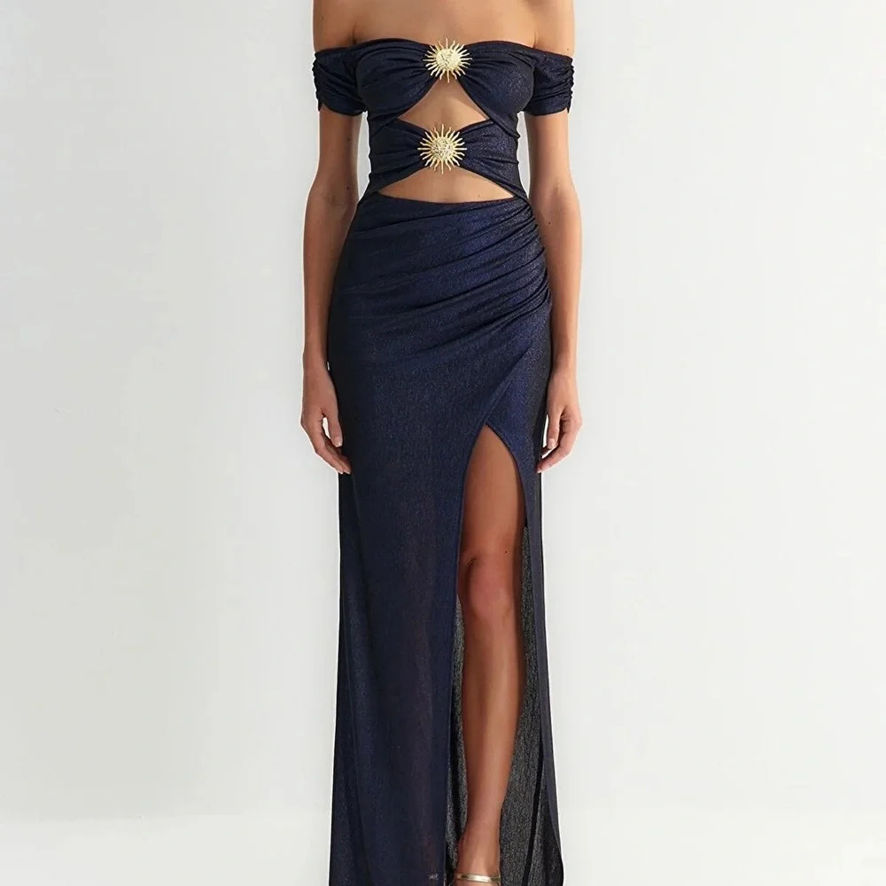 Long Navy Gown w/ Gold Sun Accents, size XXS/XS